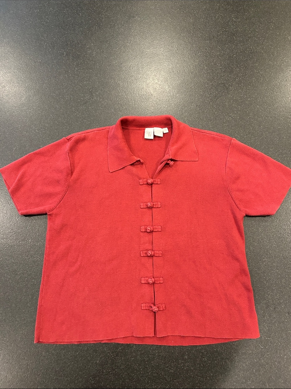CW Red Short-Sleeve Chinese-Style Button Knit Shirt